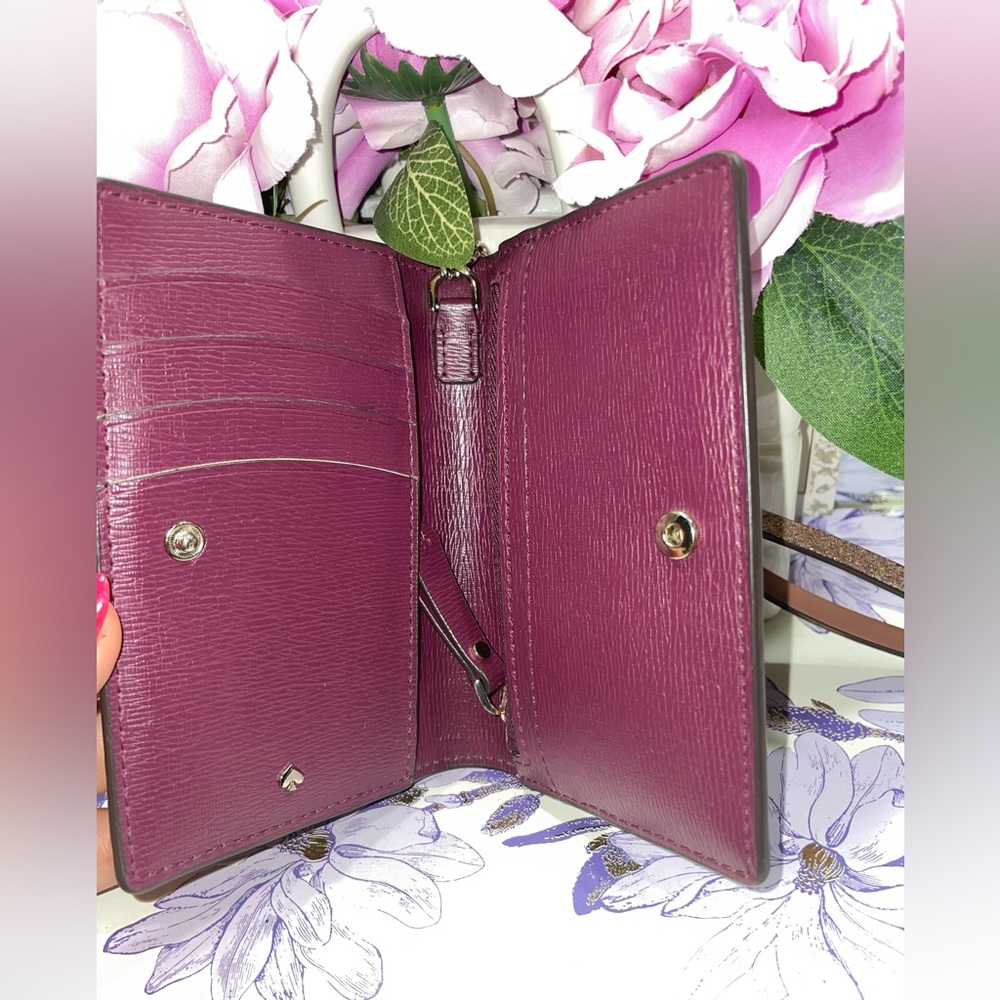 Kate Spade Pink Pebbled Leather Wallet Wristlet Sparkly Strap Burgundy Interior - Picture 5 of 7
